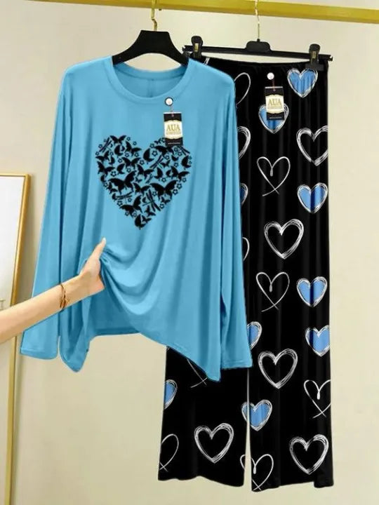 Mustrad Butterfly Heart Printed Mustrad Heart Printed Trouser Lounge wear Nightwear Sleepwear With Heart Prinred Trouser For Women