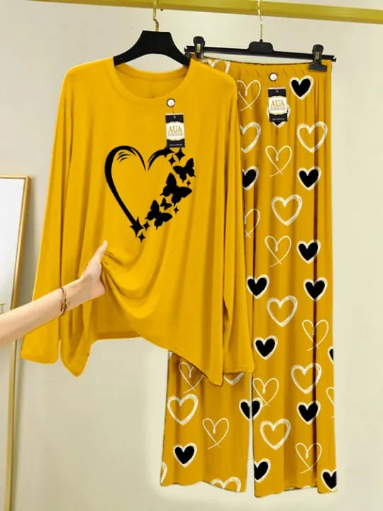 Mustrad Butterfly Heart Printed Mustrad Heart Printed Trouser Lounge wear Nightwear Sleepwear With Heart Prinred Trouser For Women