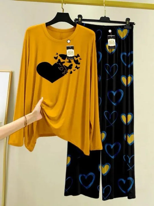 Mustrad Butterfly Heart Printed Mustrad Heart Printed Trouser Lounge wear Nightwear Sleepwear With Heart Prinred Trouser For Women