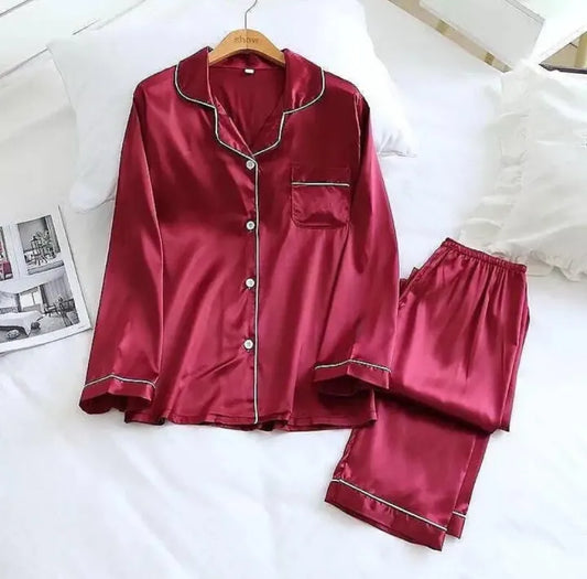 Printed Hot Sexy Silk Ladies Sleep Wear Night Dress with Shirt and Trouser (Complete Sleeping Suit) For Women/Nighty for Girls