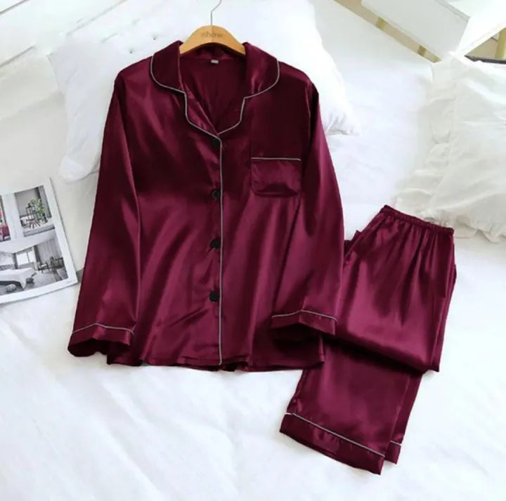 Printed Hot Sexy Silk Ladies Sleep Wear Night Dress with Shirt and Trouser (Complete Sleeping Suit) For Women/Nighty for Girls