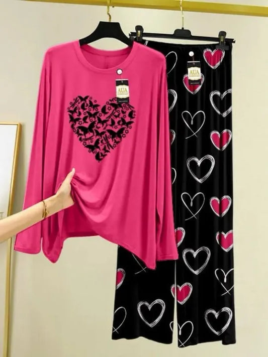 Mustrad Butterfly Heart Printed Mustrad Heart Printed Trouser Lounge wear Nightwear Sleepwear With Heart Prinred Trouser For Women